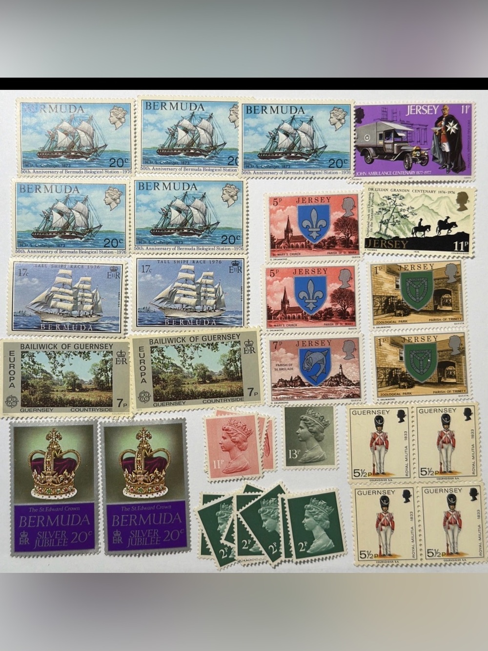 Lot Vintage Mint British Commonwealth Stamp Lot Bermuda Jersey Guernsey QEII